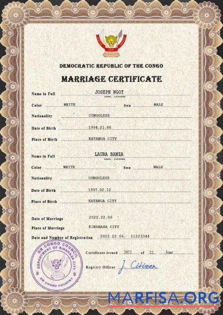 Blank Congo Democratic Republic marriage certificate PSD template